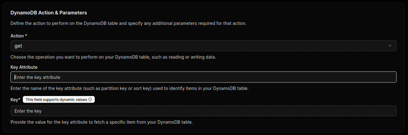 DynamoDB Get Item configuration form