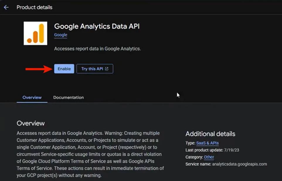 Google Analytics Data API result page