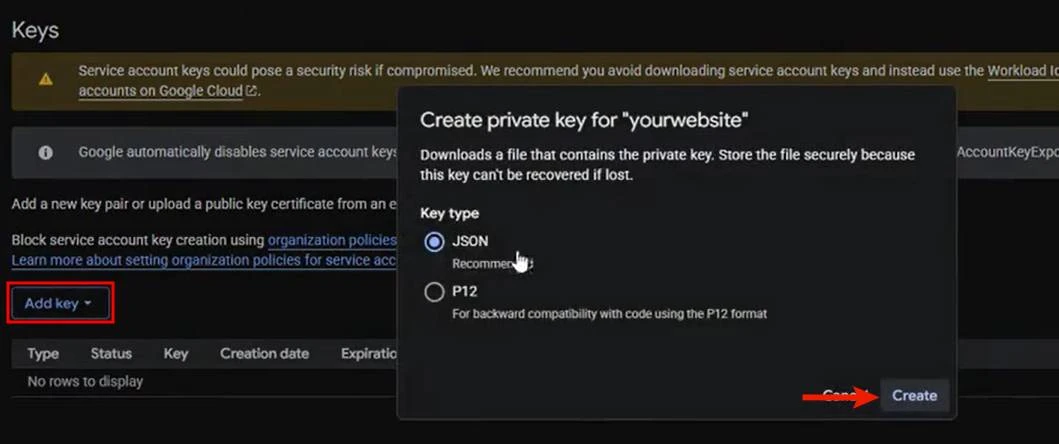 Create a new JSON key
