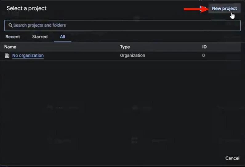 Google Cloud project selector and create project flow