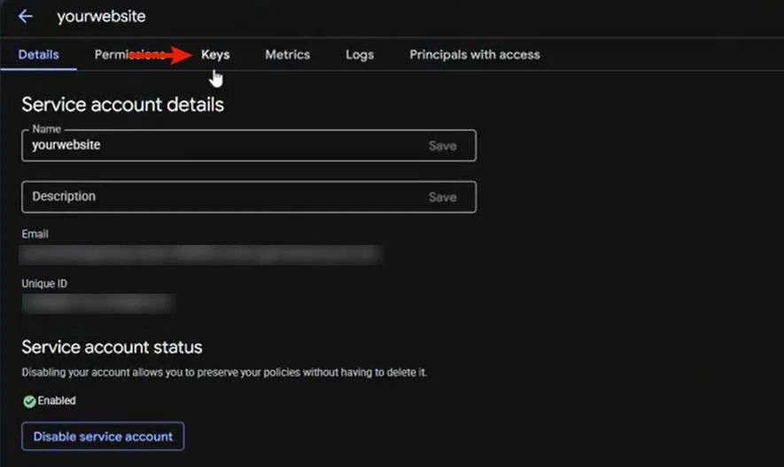 Service account keys tab